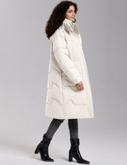 TQD long puffer coat hood detail highlights generous hood for harsh weather.