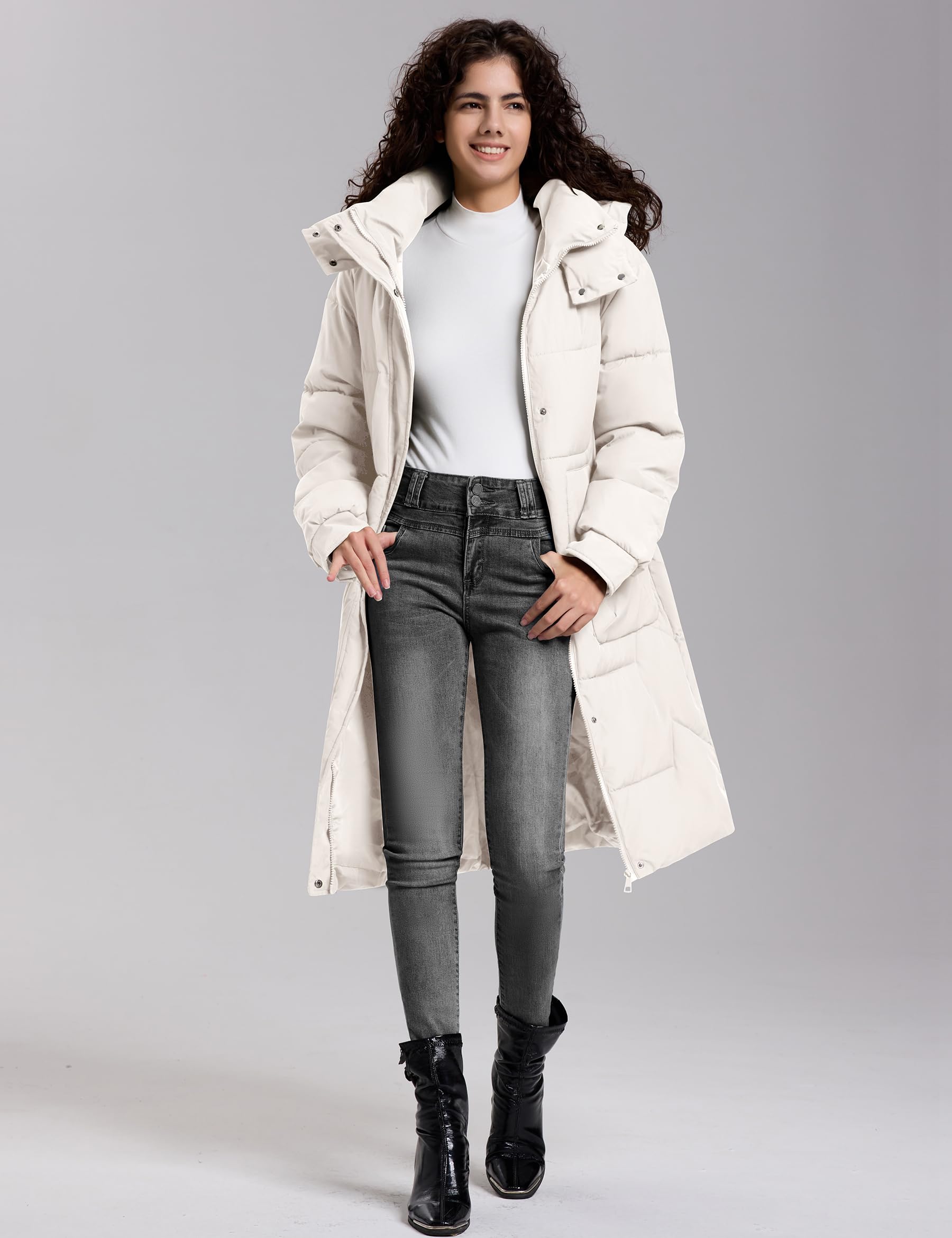 TQD long puffer coat side view demonstrates sleek silhouette with practical warmth.
