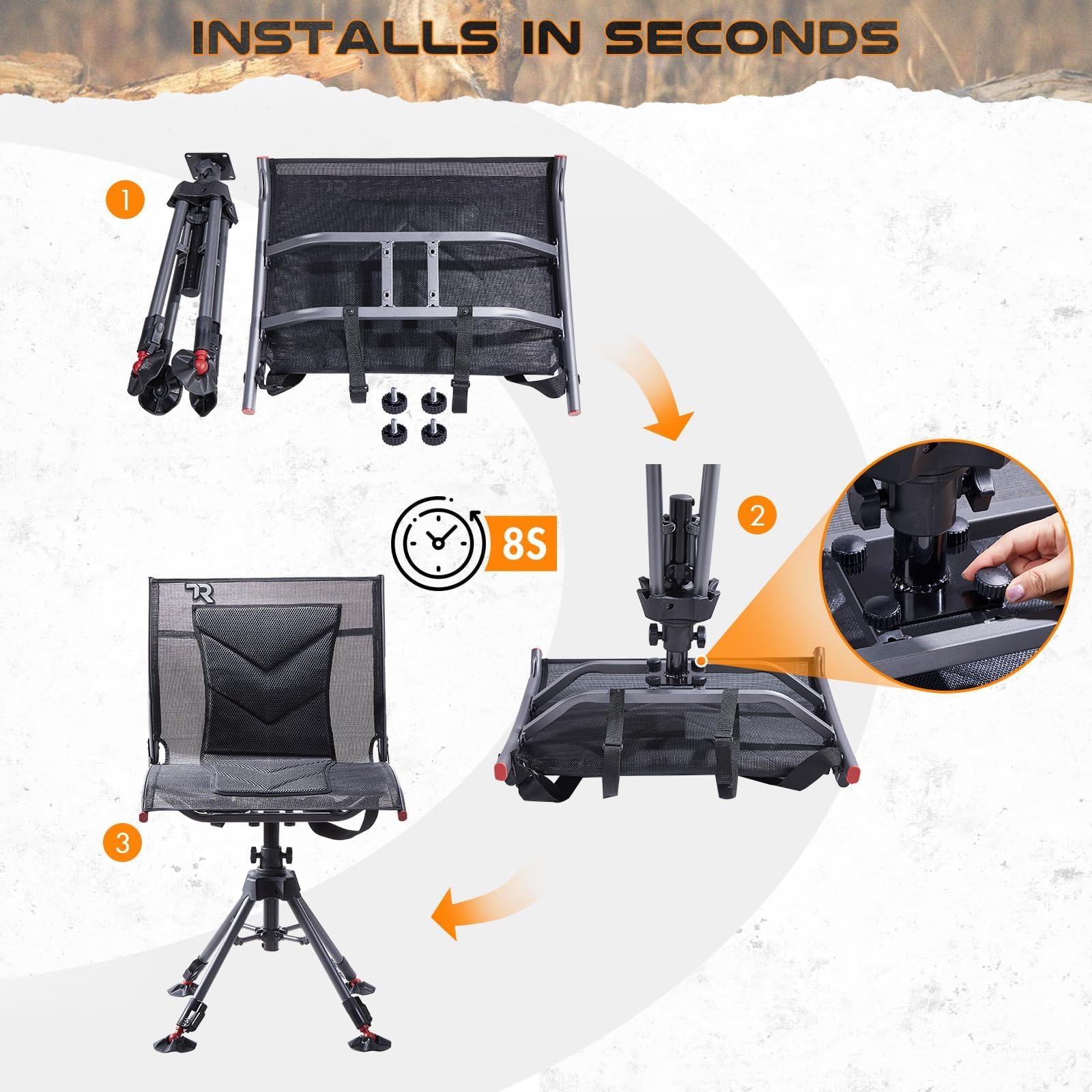 TR chair folded for compact transport and portability