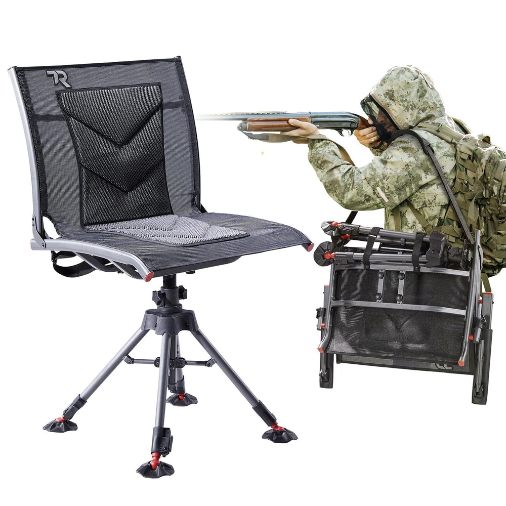 TR 360-degree swivel hunting blind chair front view showing sturdy steel frame for stability