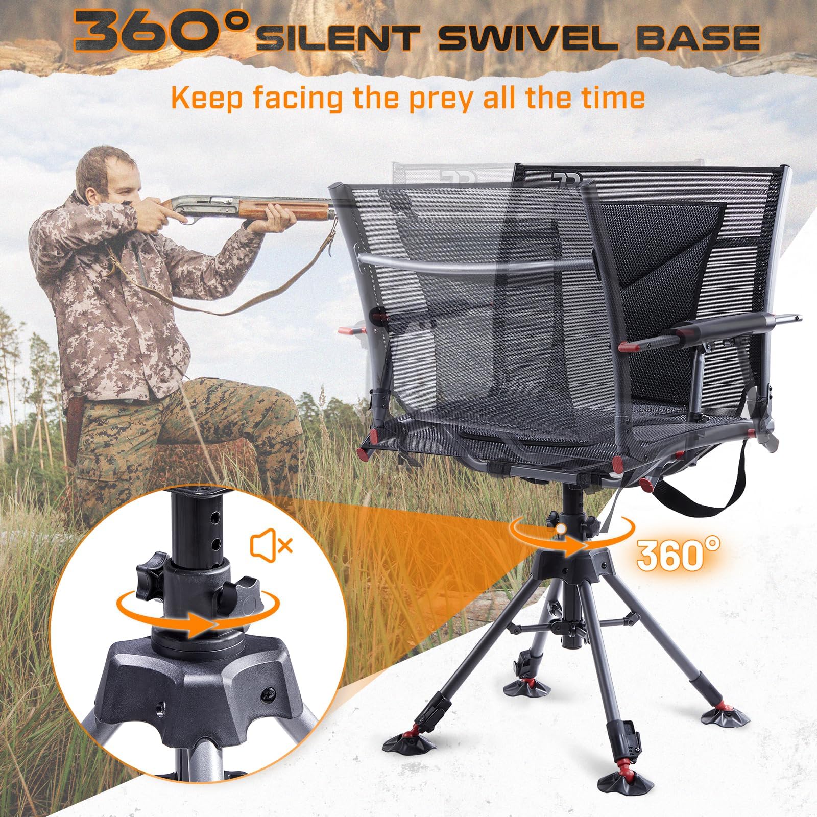 TR 360 Degree Swivel Hunting Blind Chair dimensions showing 400 lb capacity and roomy seat