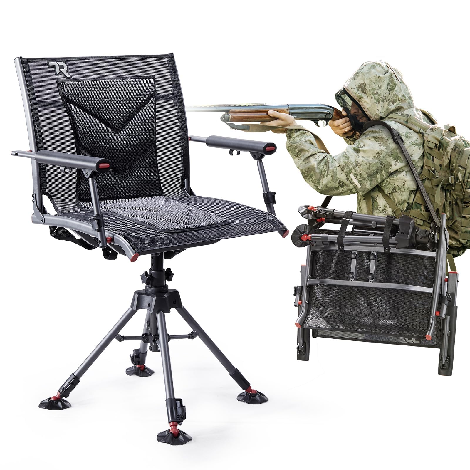 TR 360 Degree Swivel Hunting Blind Chair front view highlights silent operation and full swivel