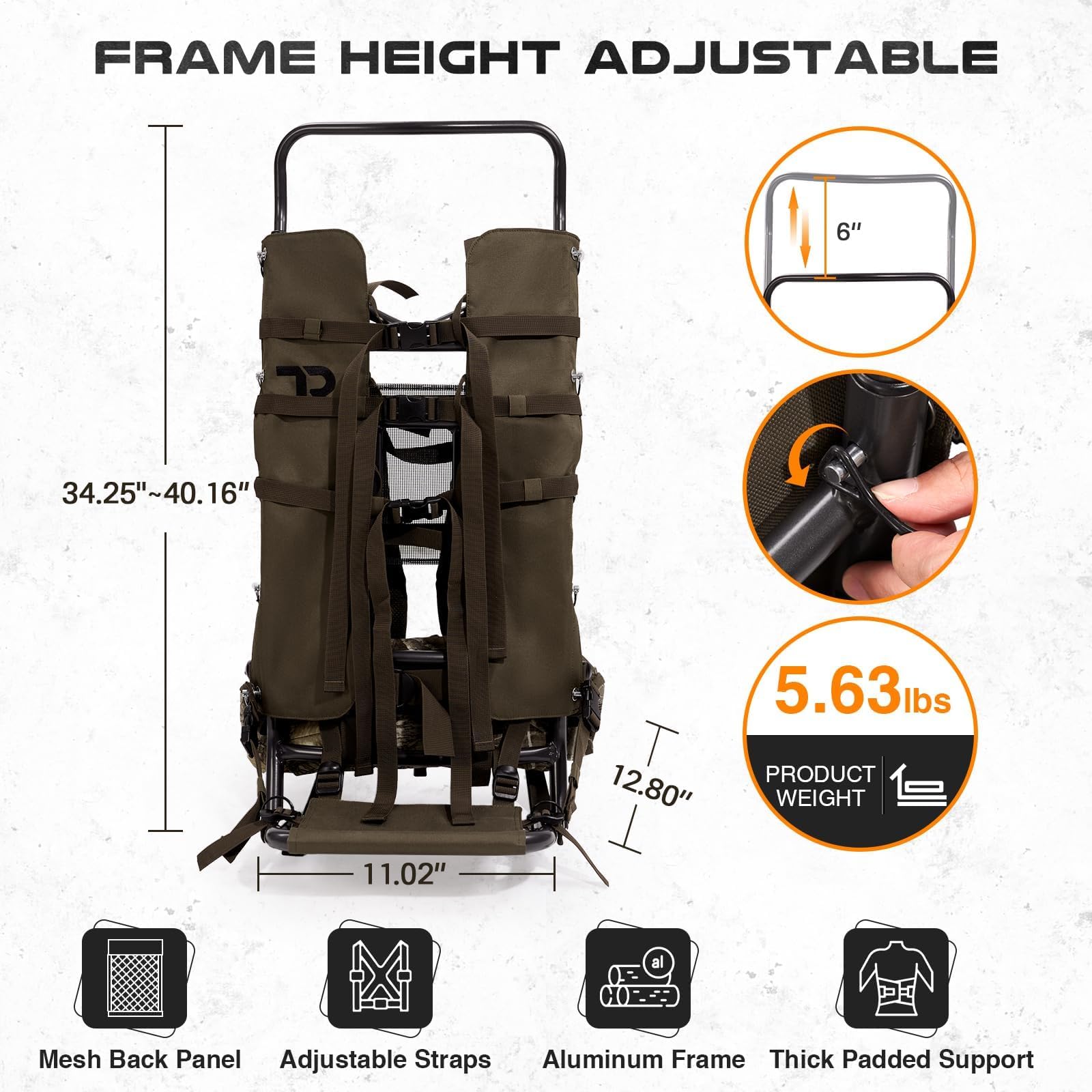 TR aluminum external frame backpack belt with quick-access pockets enables fast access.