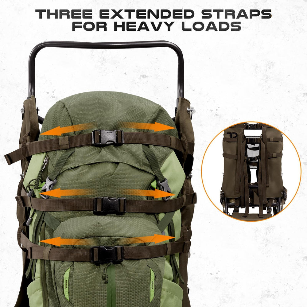 TR aluminum external frame backpack ergonomic shoulder straps emphasize comfort on long hunts.
