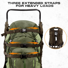 TR aluminum external frame backpack ergonomic shoulder straps emphasize comfort on long hunts.