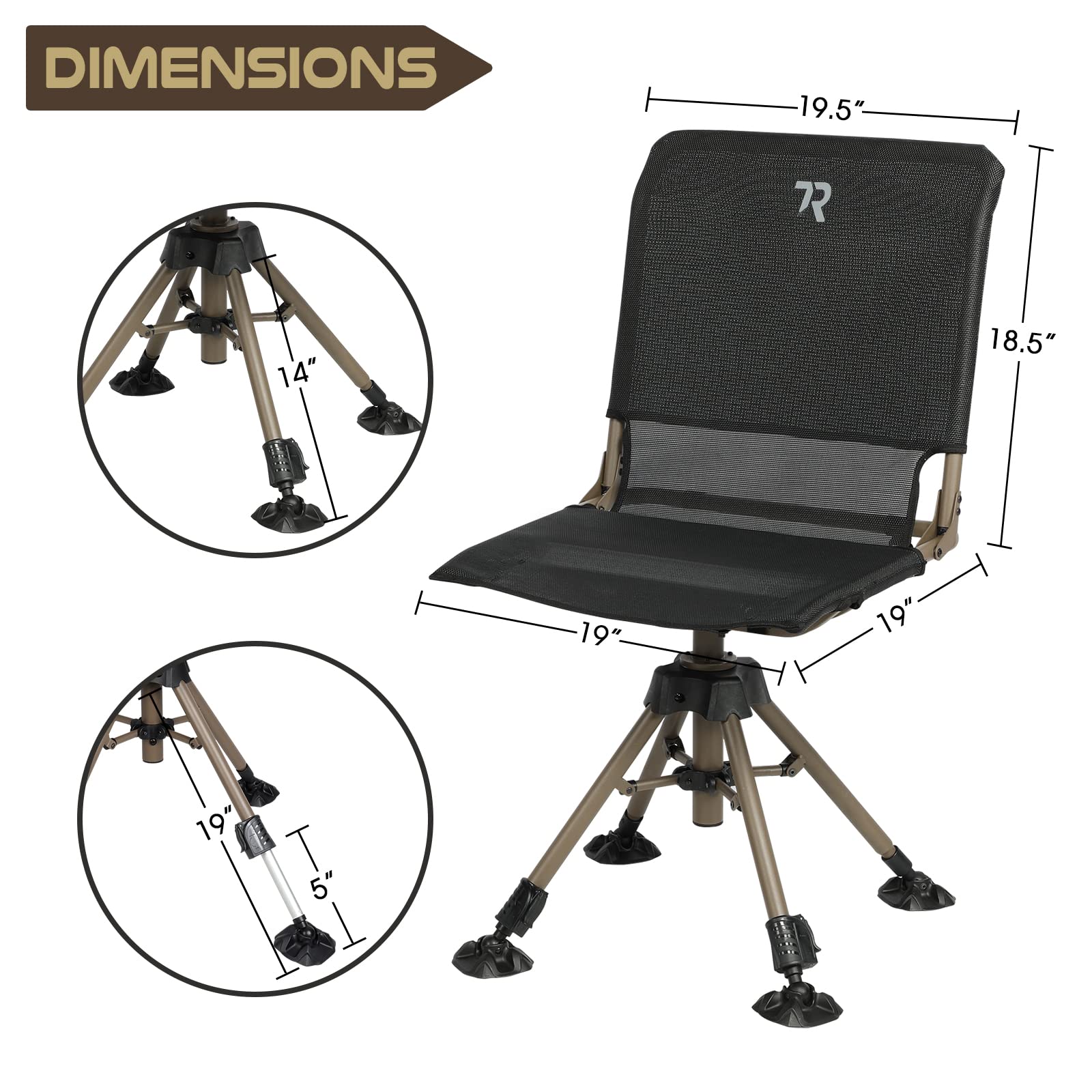 TR Hunting Chair legs adjustable highlights 5-inch height range for uneven terrain.
