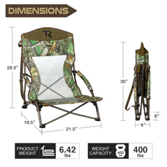 TR low camping chair 110deg recline supports comfortable breaks outdoors.