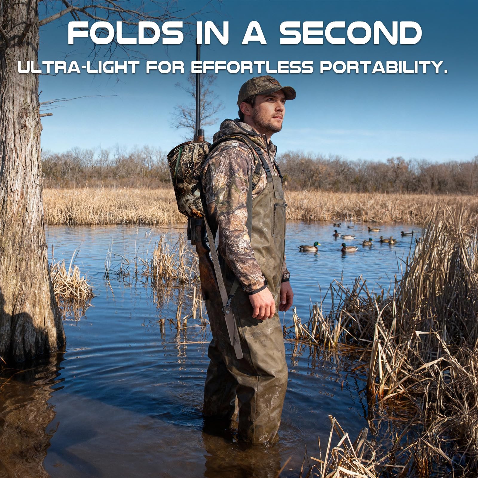 TR Mud Seat shoulder strap enables hands-free carrying across marsh