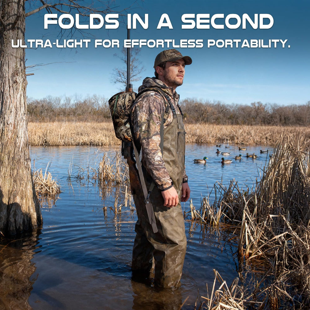 TR Mud Seat shoulder strap enables hands-free carrying across marsh