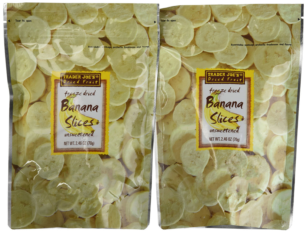 Trader Joe's Freeze Dried Bananas two-pack hero image showing crunchy, delicious snack