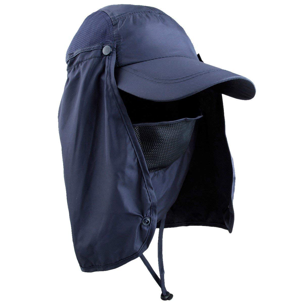 TraderPlus fishing hat back view showing neck flap in dark blue
