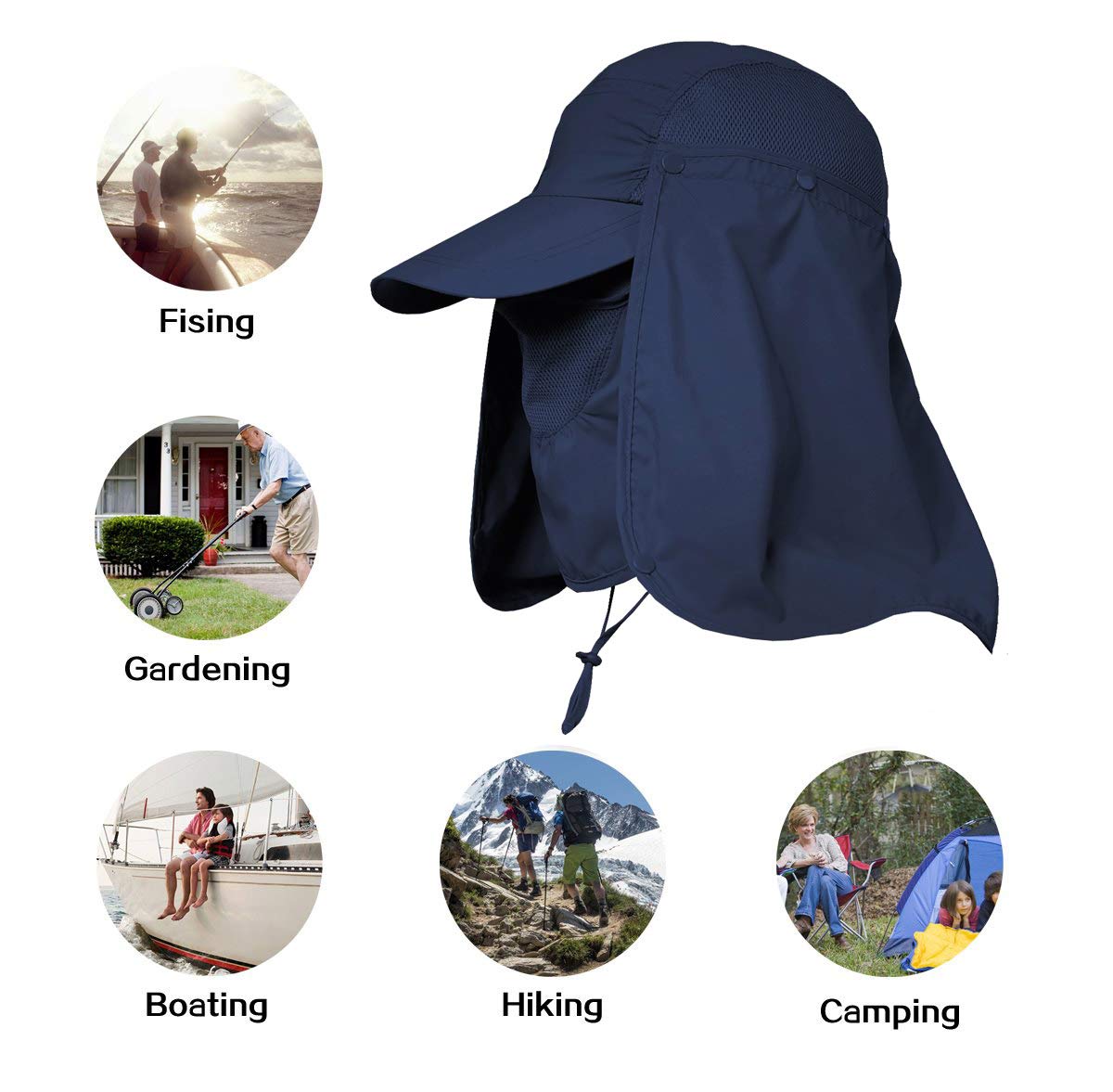 Face cover and neck flap detail on TraderPlus hat in dark blue