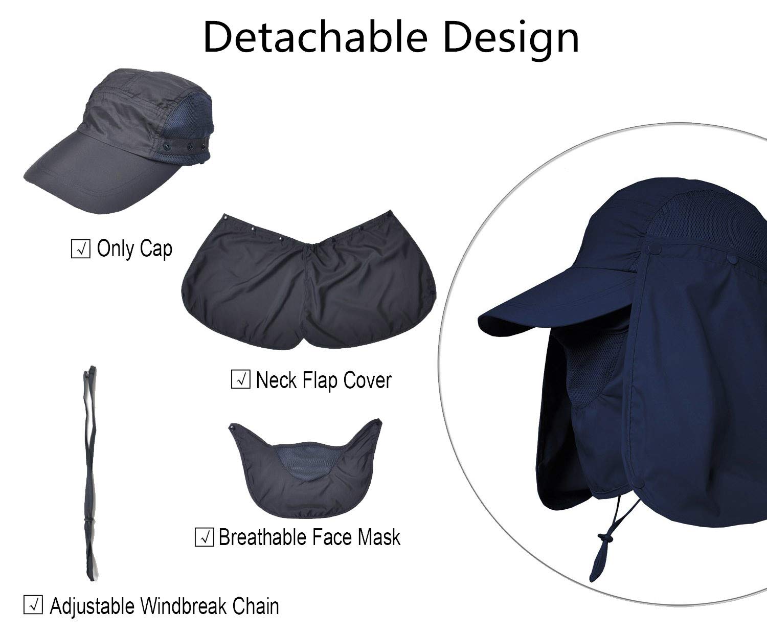 Neck flap detail of TraderPlus hat in dark blue