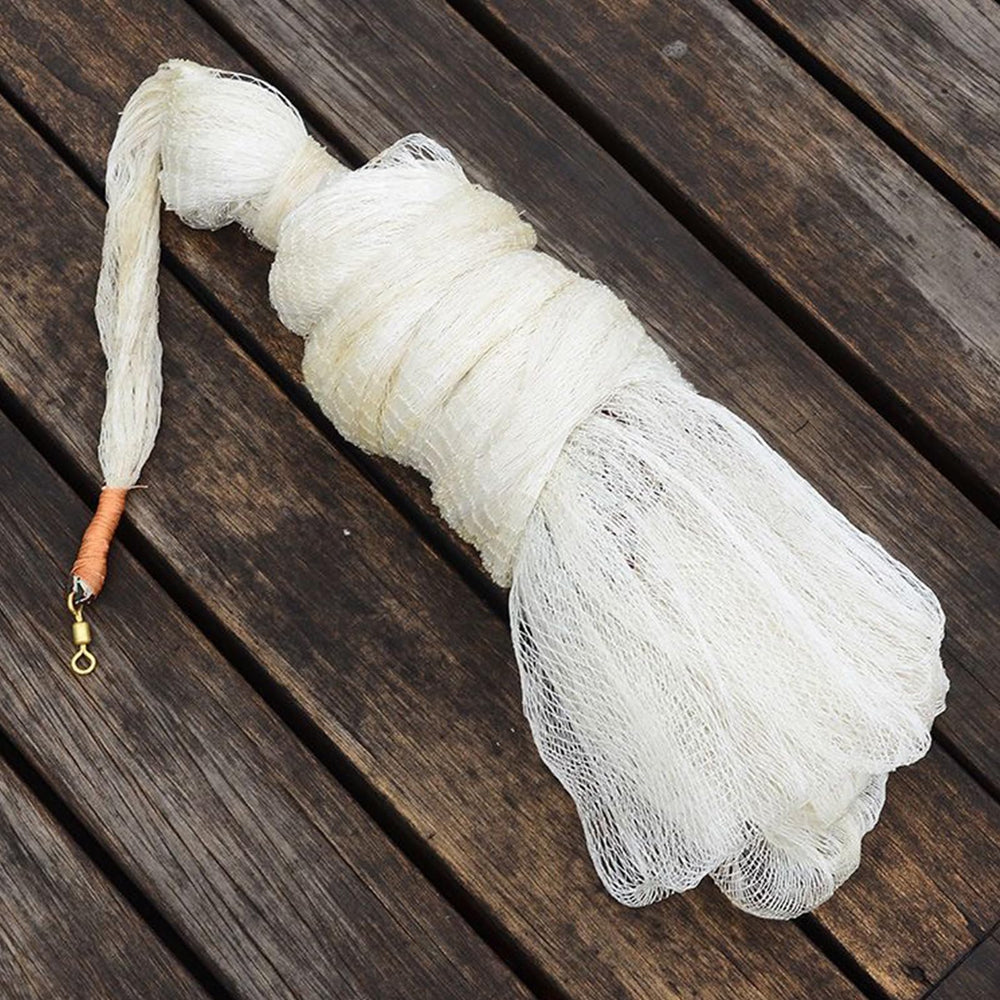 Traditional cast net close-up: white tire-line woven mesh