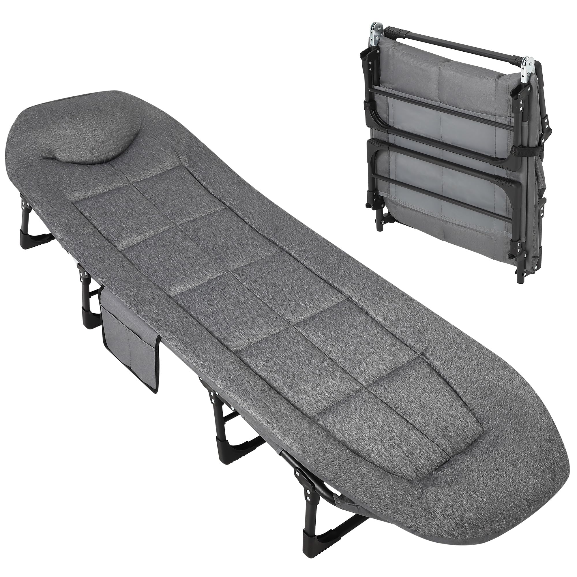 TrailBlaze 75-inch camping cot with cushion and pillow for plush outdoor comfort.