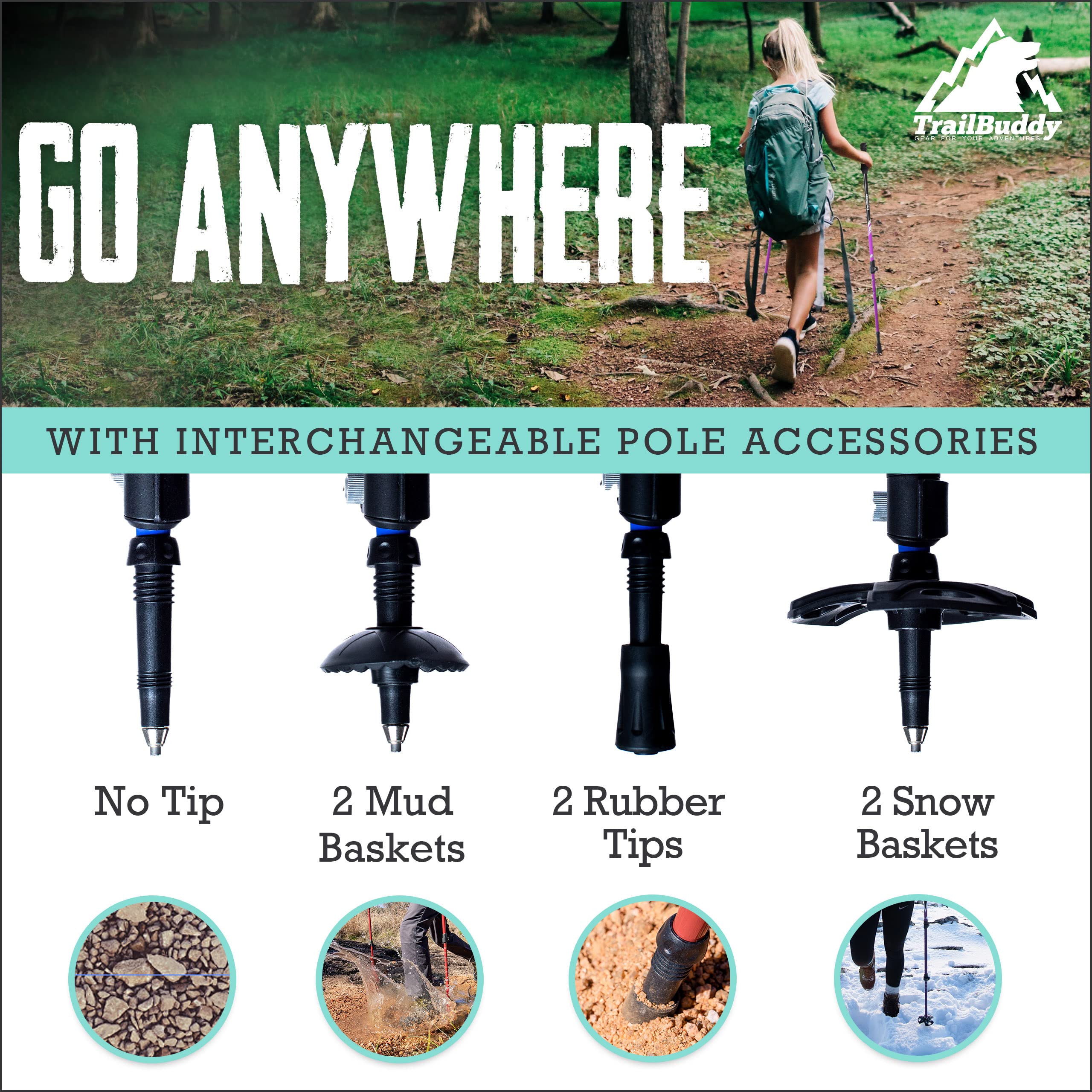 TrailBuddy aluminum 7075 body highlights lightweight strength.