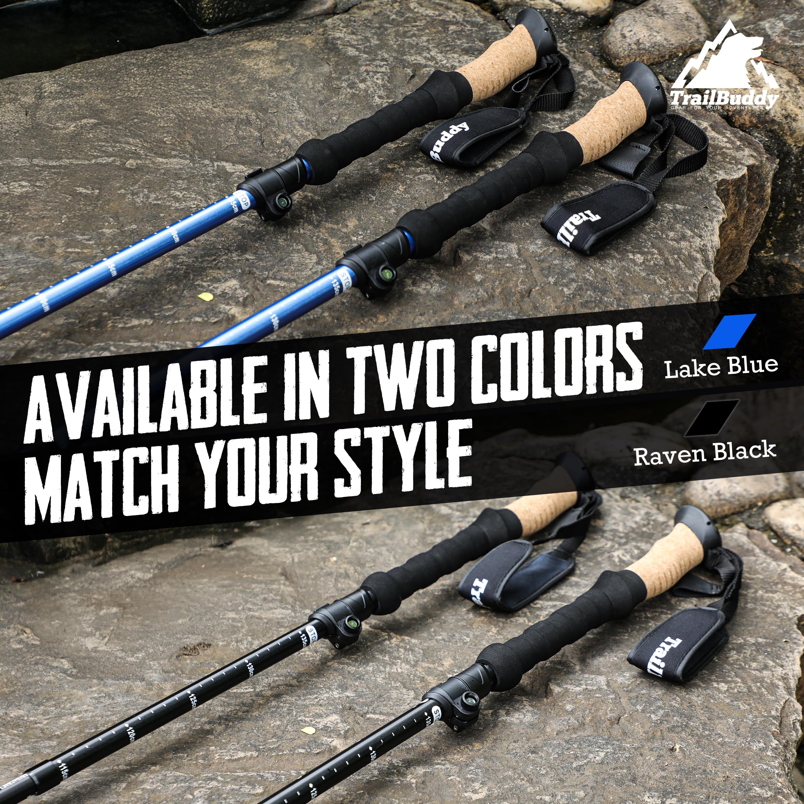 TrailBuddy color options Lake Blue and Raven Black match gear
