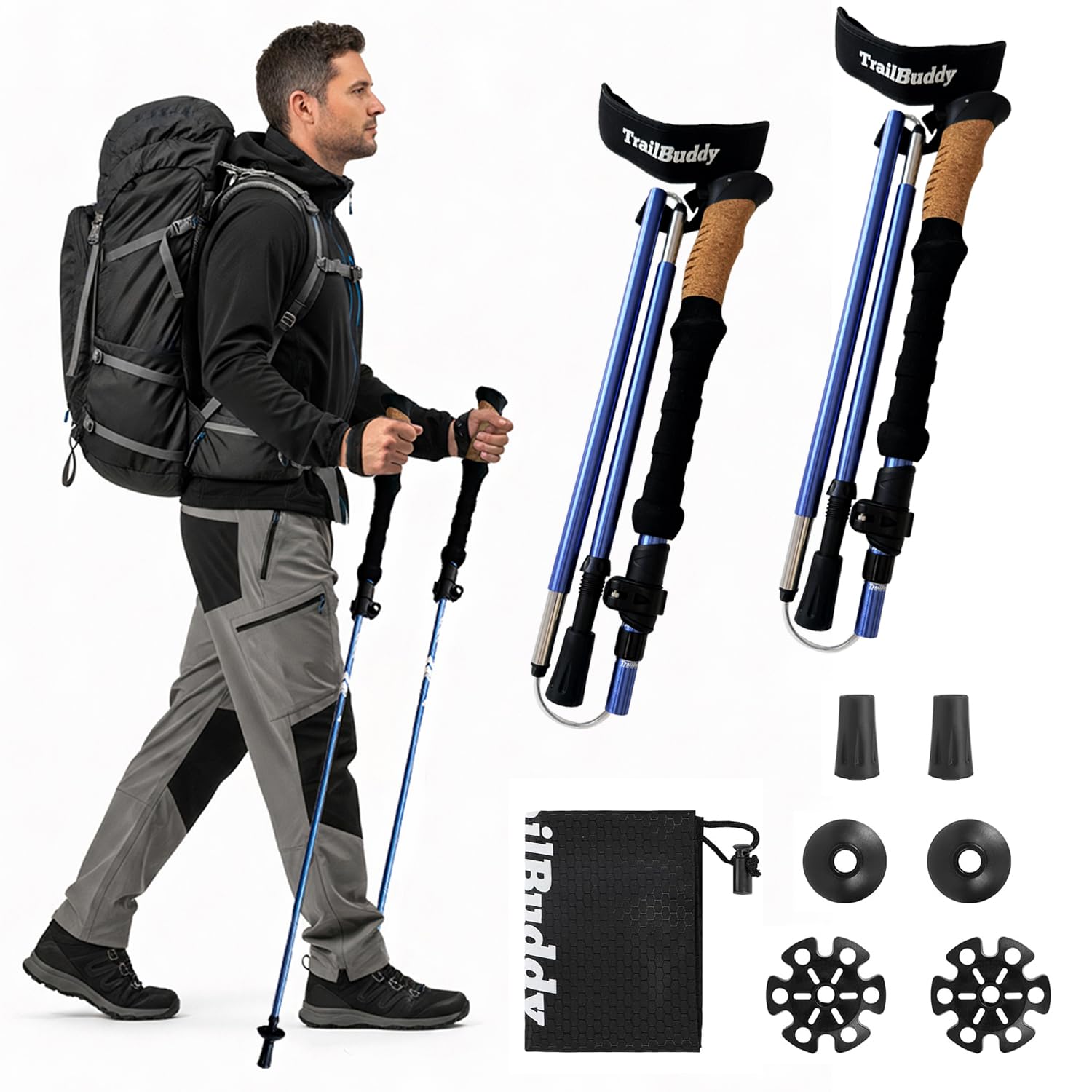 TrailBuddy foldable poles compact for travel and easy packing.