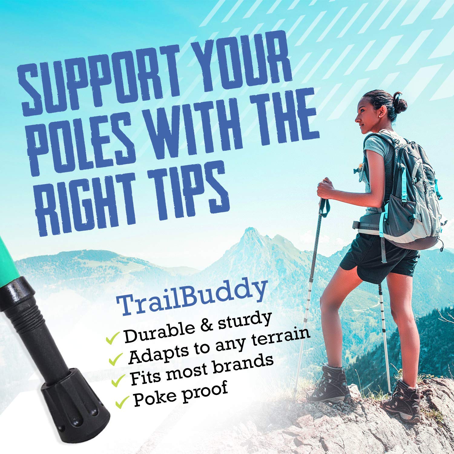 TrailBuddy rubber protectors reduce wear on poles and surfaces.