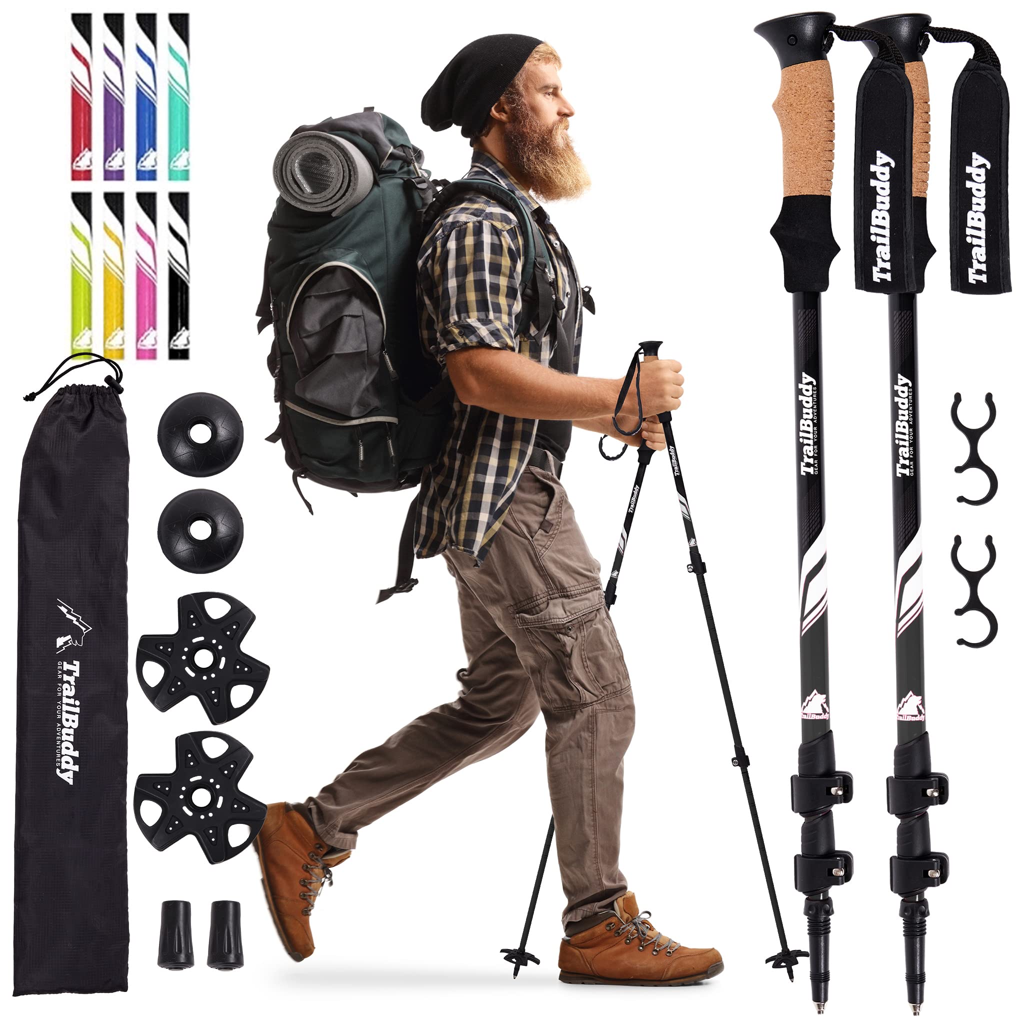 TrailBuddy trekking poles crafted from 7075 aluminum for rugged trails.