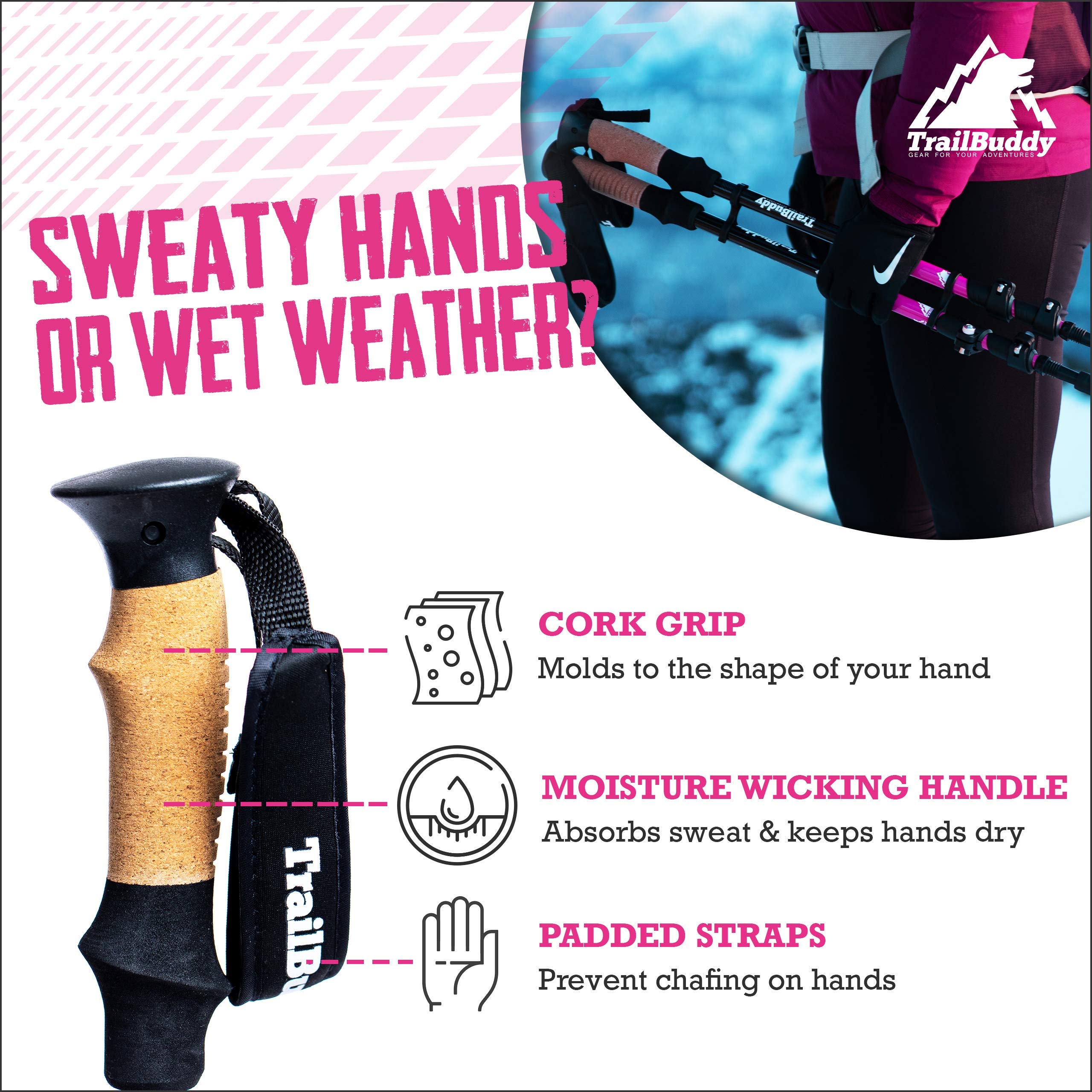 TrailBuddy Trekking Poles adjustable height range suitable for adults and kids