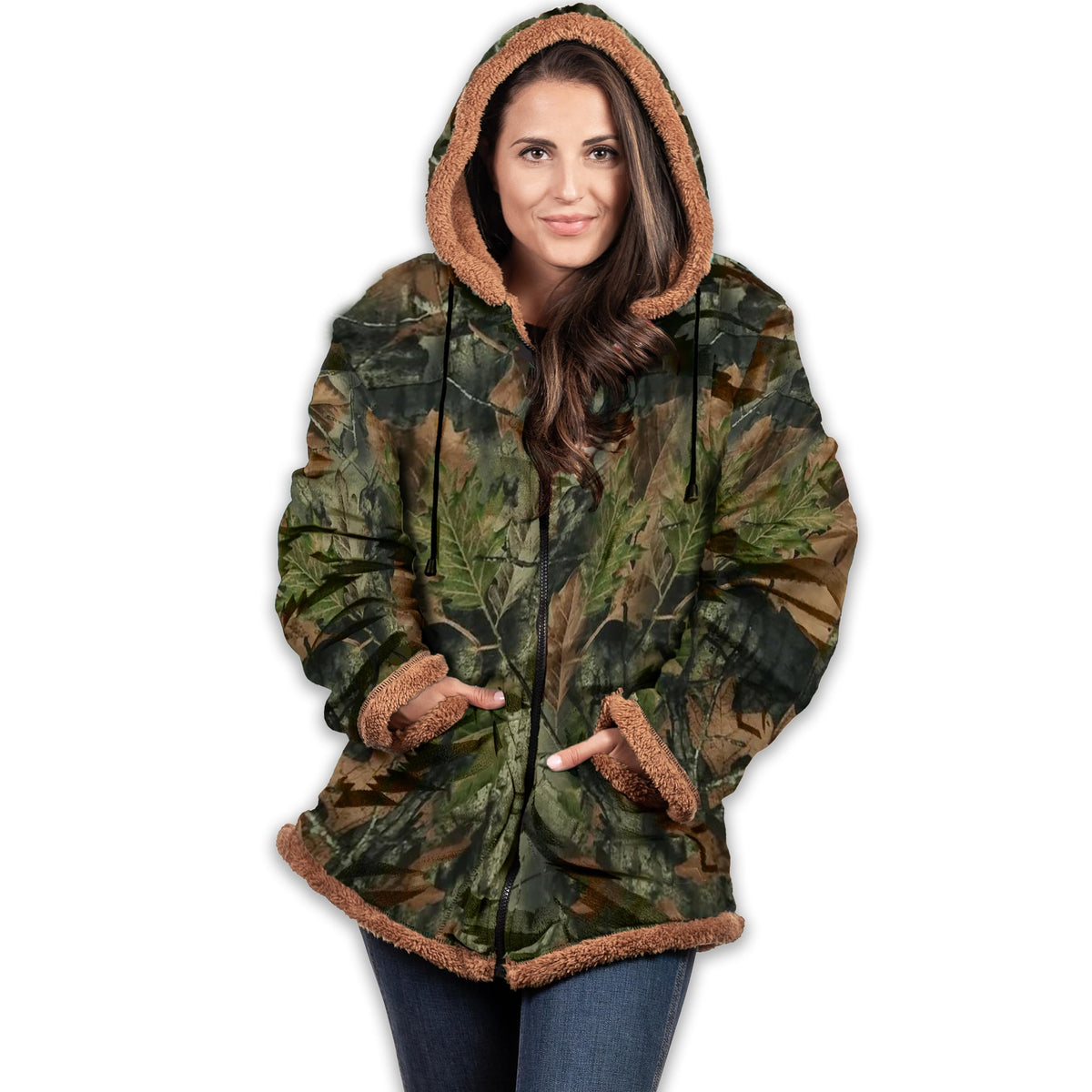 TrailCrest Aztec Western women's jacket camo hood provides warm comfort for outdoor hikes.