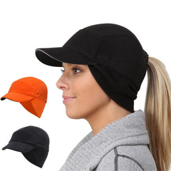 TrailHeads fleece ponytail hat in black keeps ears warm on winter runs.