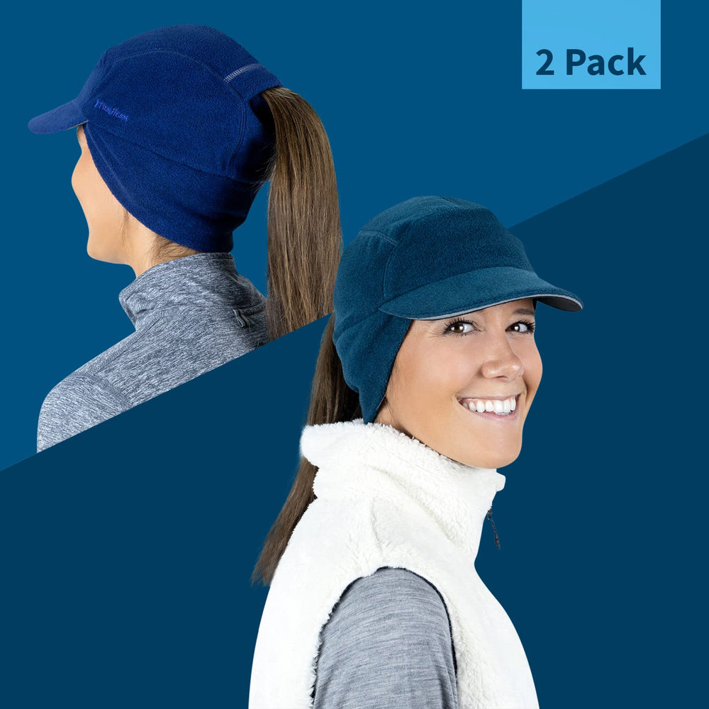 TrailHeads fleece ponytail hat showing flip-down ear warmers for cold weather.