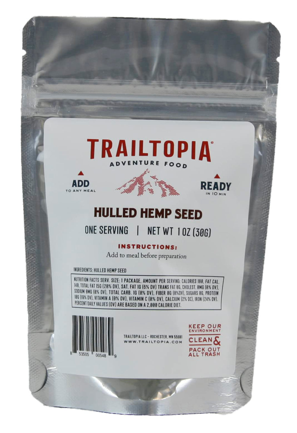 Trailtopia hulled hemp seed side pack closeup for long shelf life and outdoor meals.