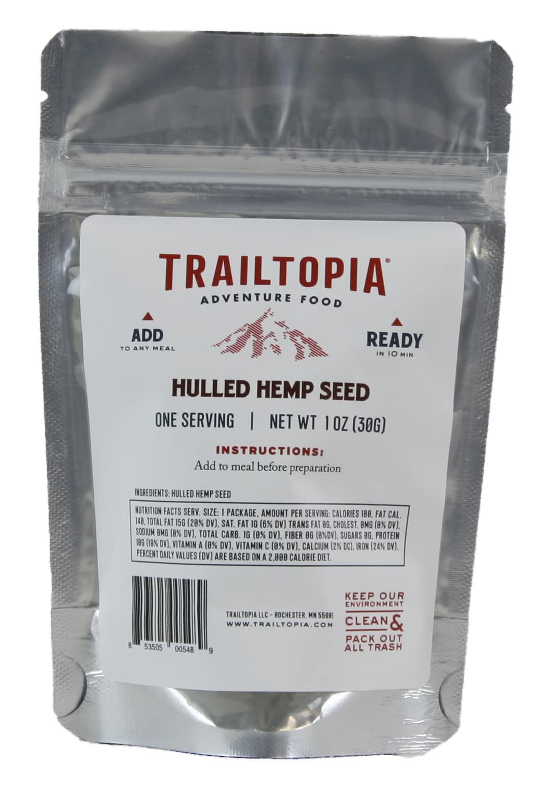 Trailtopia hulled hemp seed side pack closeup for long shelf life and outdoor meals.