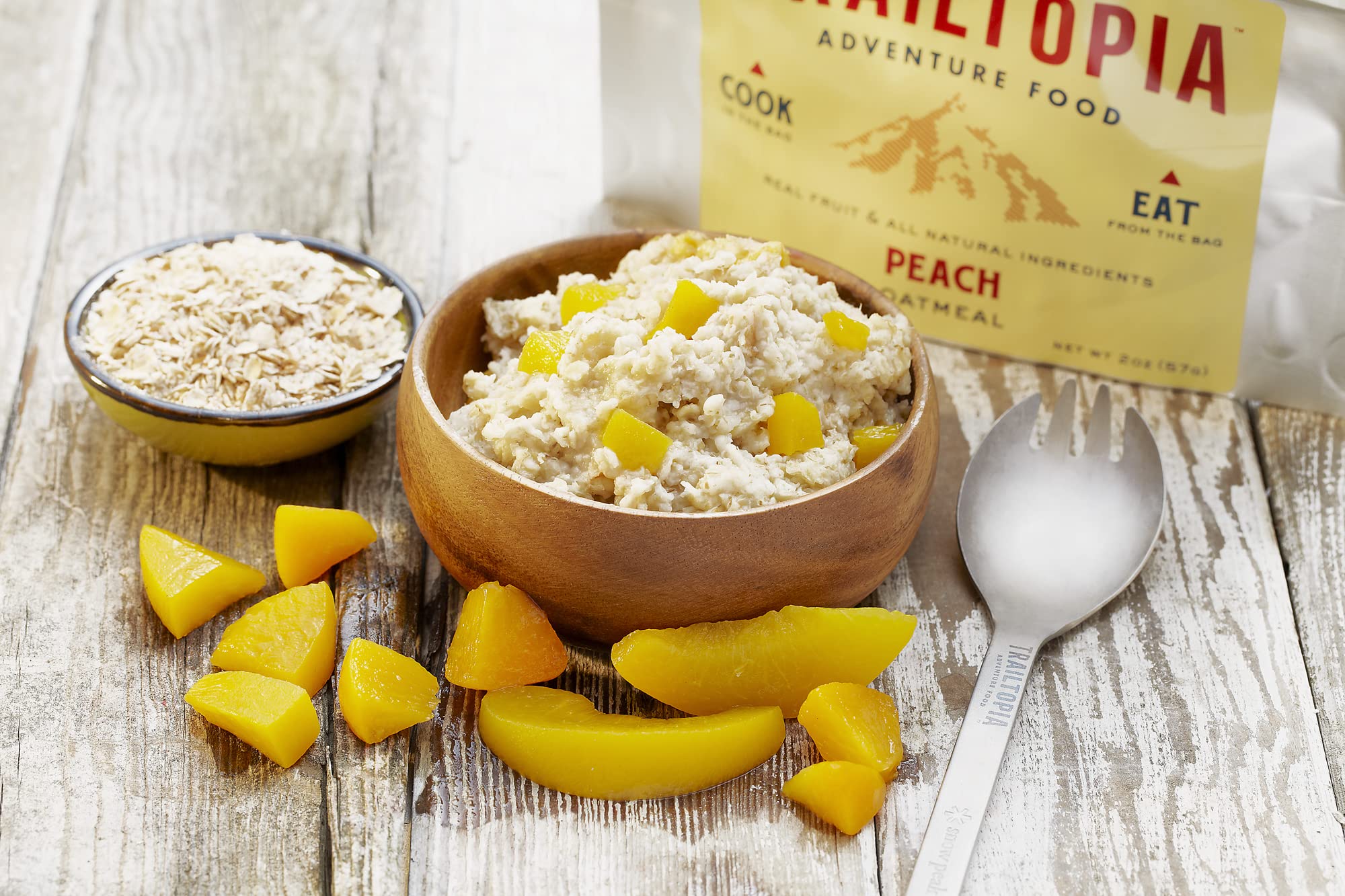 Freeze-dried peaches and oats in Trailtopia Peach Oatmeal for long shelf life