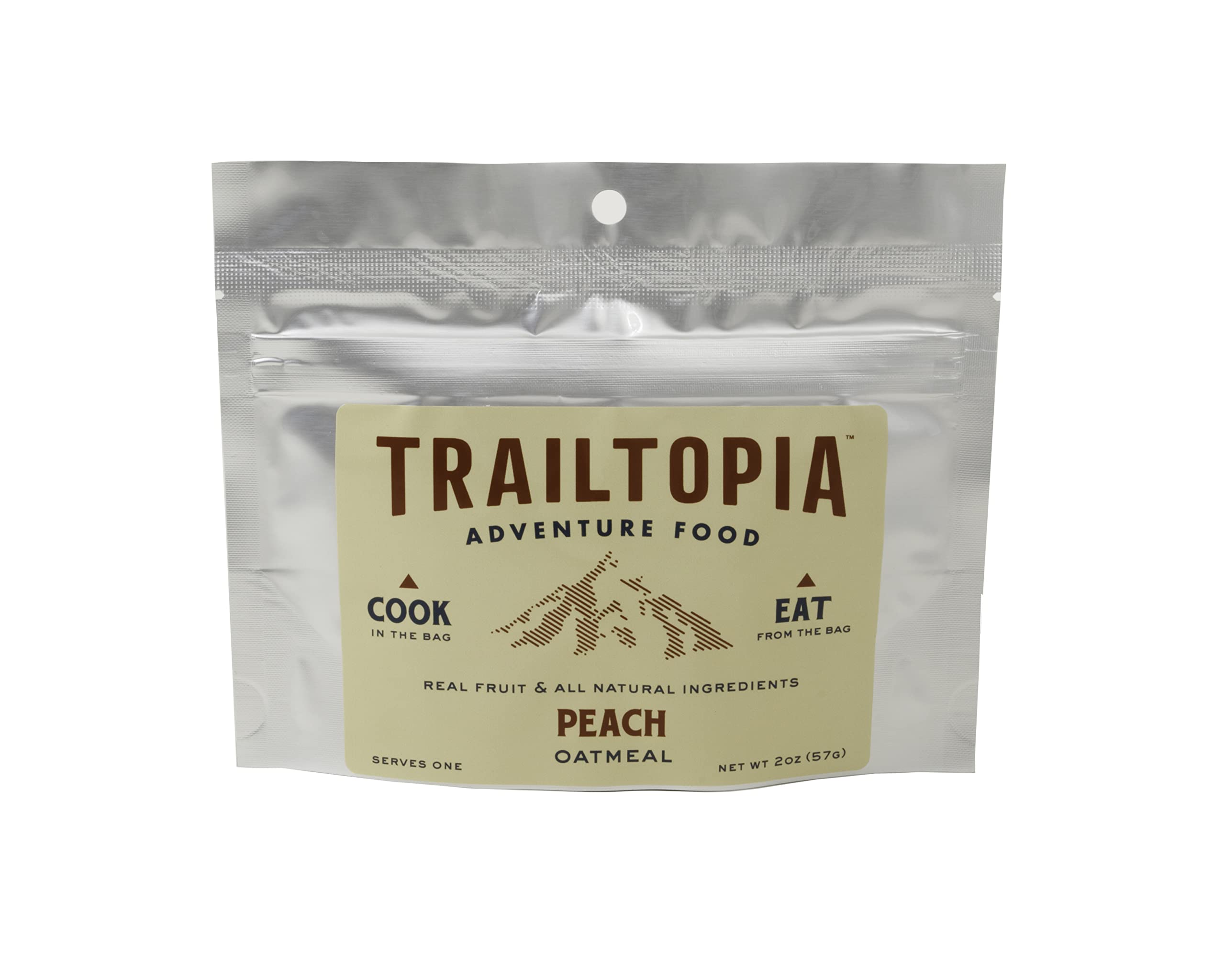 Trailtopia Peach Oatmeal packaging on display for easy outdoor breakfast