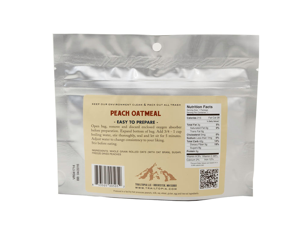 Trailtopia Peach Oatmeal ready-to-serve pouch for quick field meals