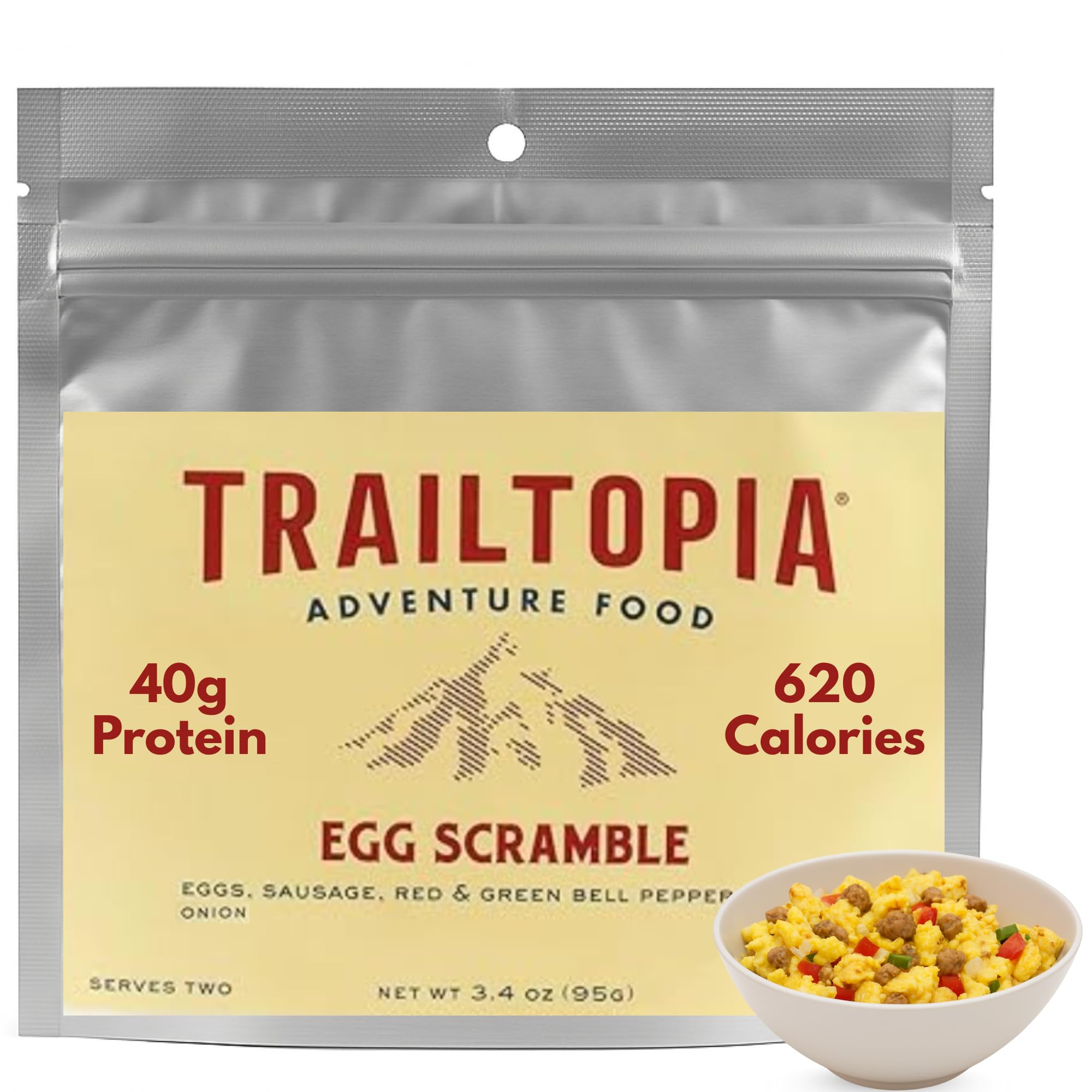 Trailtopia Scrambled Eggs with Sausage and Vegetables packaging for a ready to eat camping breakfast