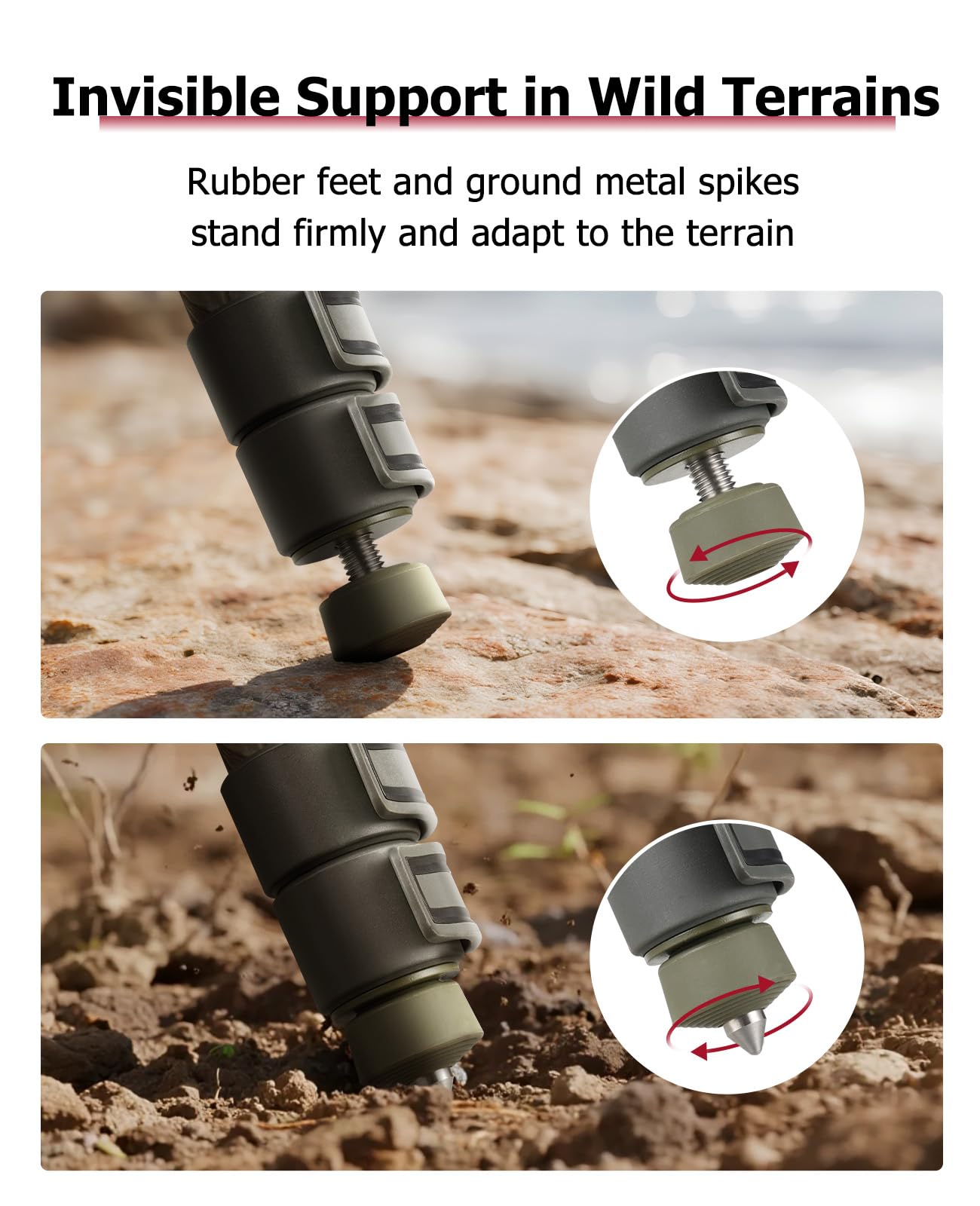 Trakiom clamping tripod rest retractable spikes and rubber feet for varied terrain