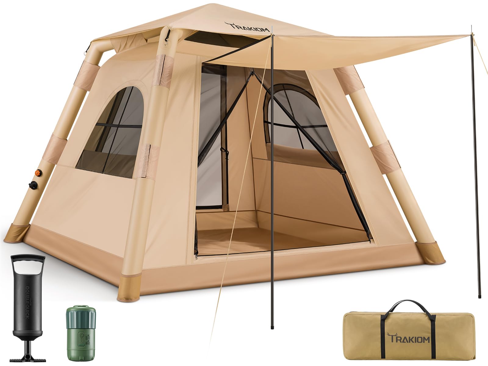 Trakiom inflatable tent setup demonstrates quick inflation for easy camp mornings.