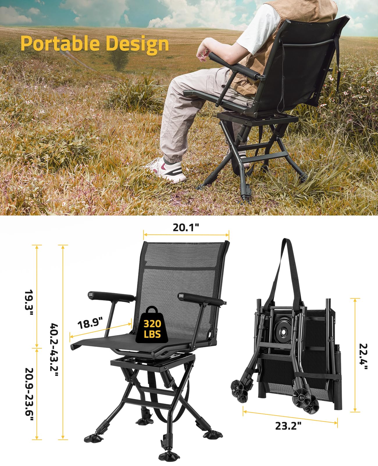 Trakiom swivel chair with adaptive terrain feet prevents sinking in mud.