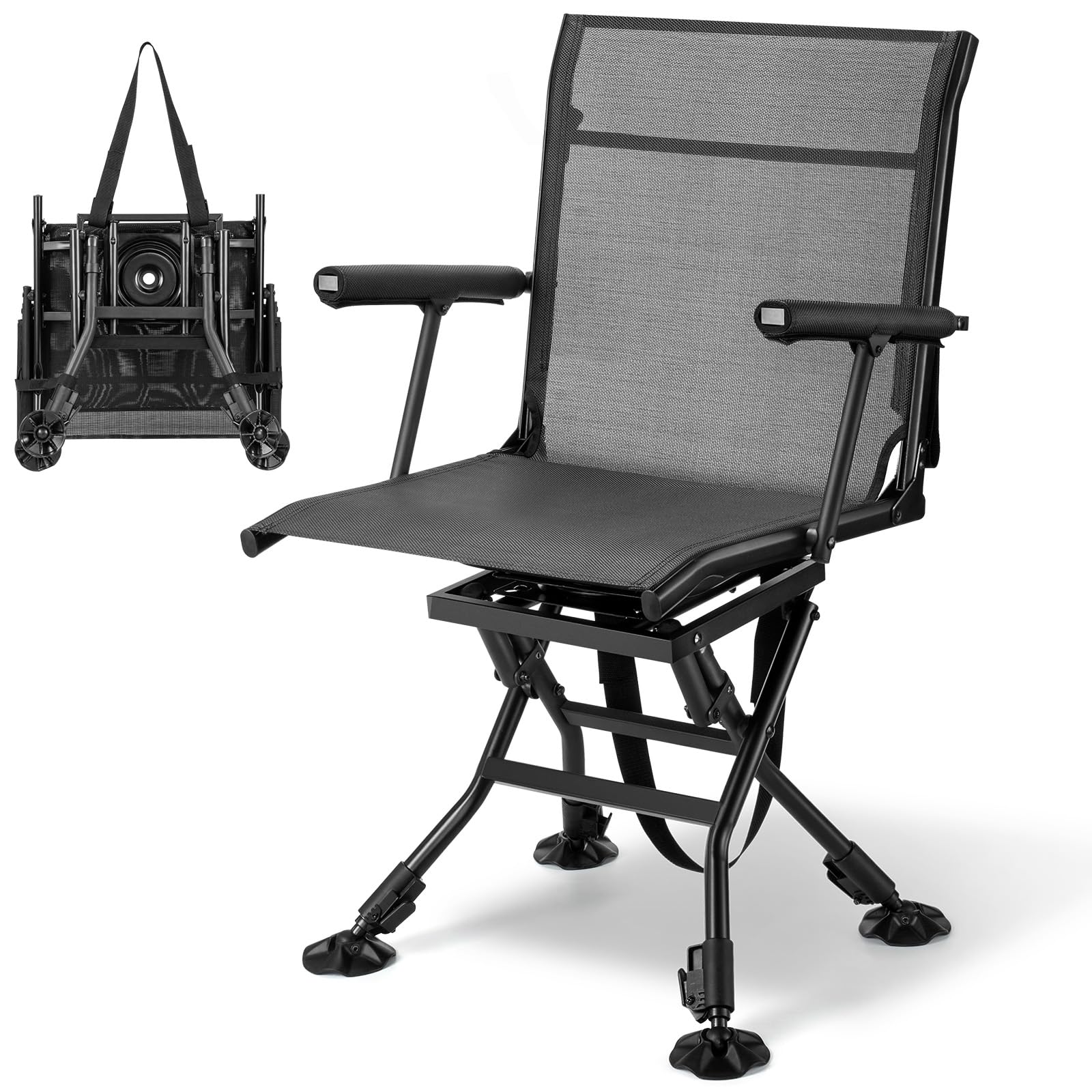 Trakiom swiveling hunting chair 360-degree rotation for silent target acquisition.