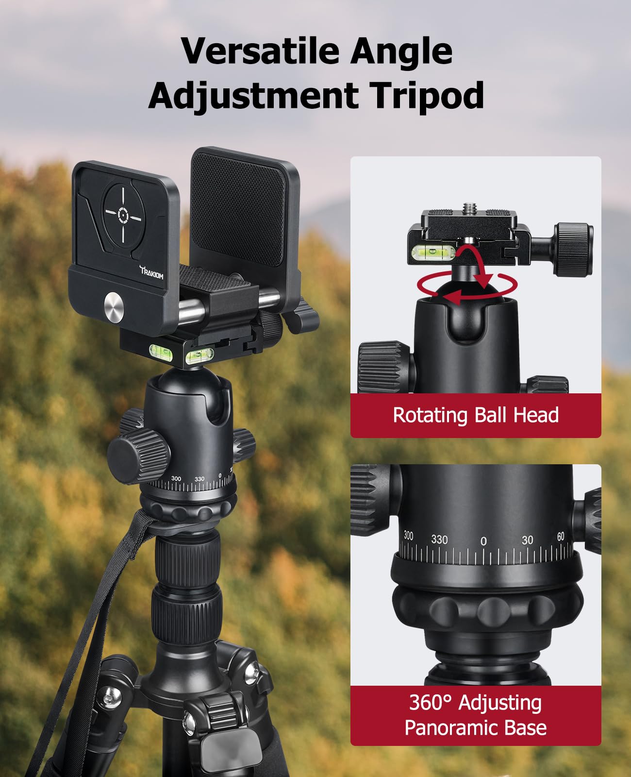Trakiom Tripod Height Adjustment showcases quick setup from low to tall for landscapes.