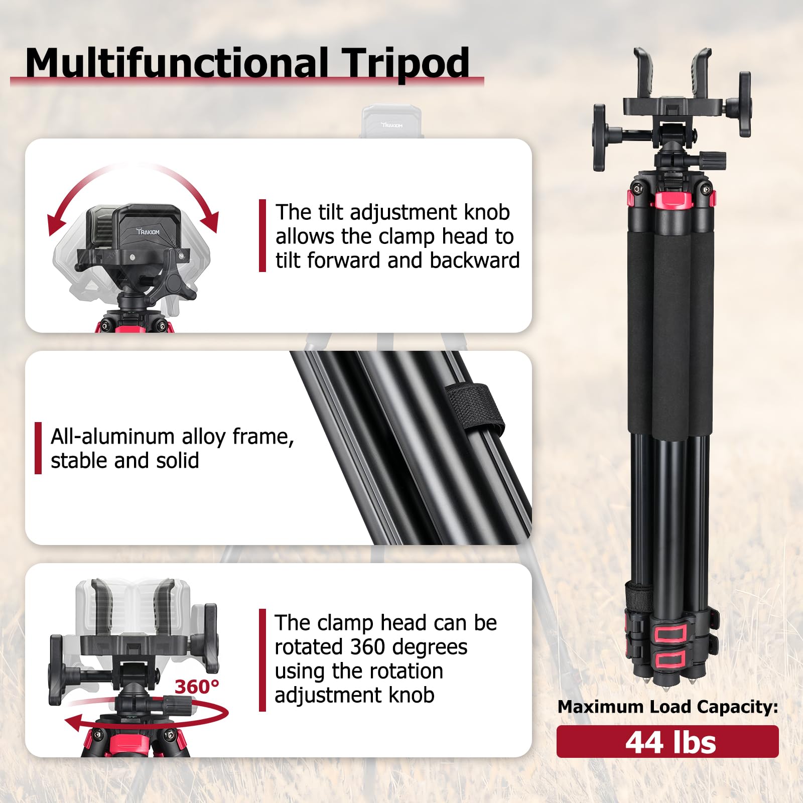 Trakiom tripod rest shows three-position leg locks for versatile stances.
