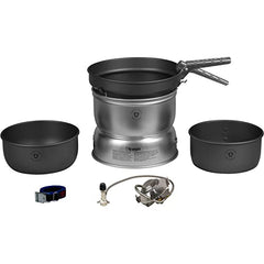 Trangia 25-7 ultralight cookset hard anodized pots and frypan with windshield for steady cooking.