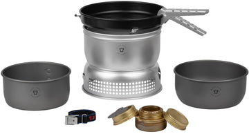 Trangia 25-9 ultralight hard anodized cookset with alcohol stove for backcountry meals.