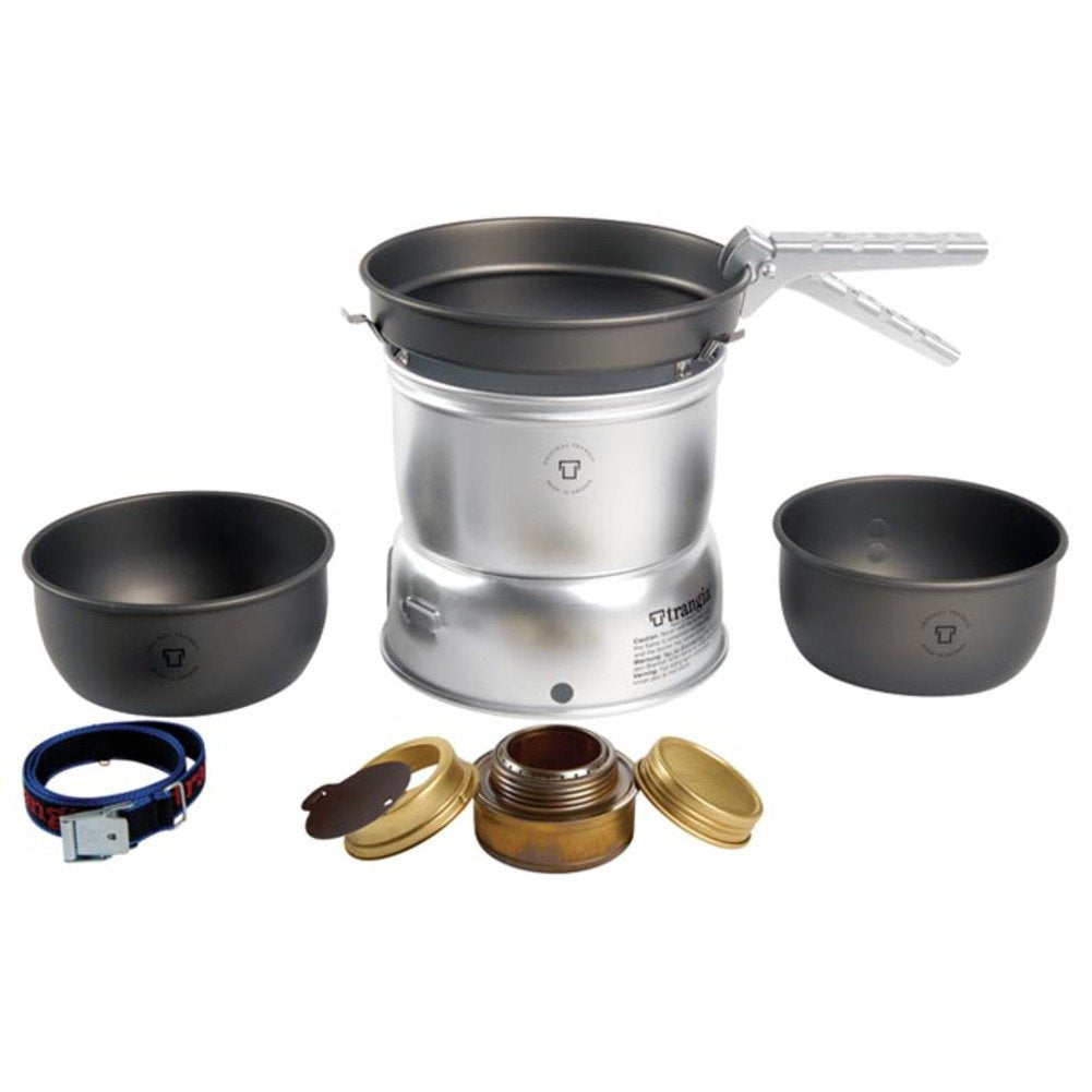 Trangia 27-7 ultralight hard anodized cookset assembled for outdoor cooking and quick boiling.