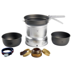 Trangia 27-7 ultralight hard anodized cookset assembled for outdoor cooking and quick boiling.