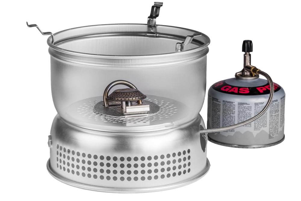 Trangia GB74 burner shown with easy flame control for precise cooking on the trail.
