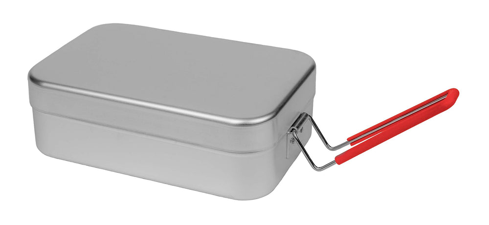 Trangia Mess Tin Large with red handle for easy transport on trips.