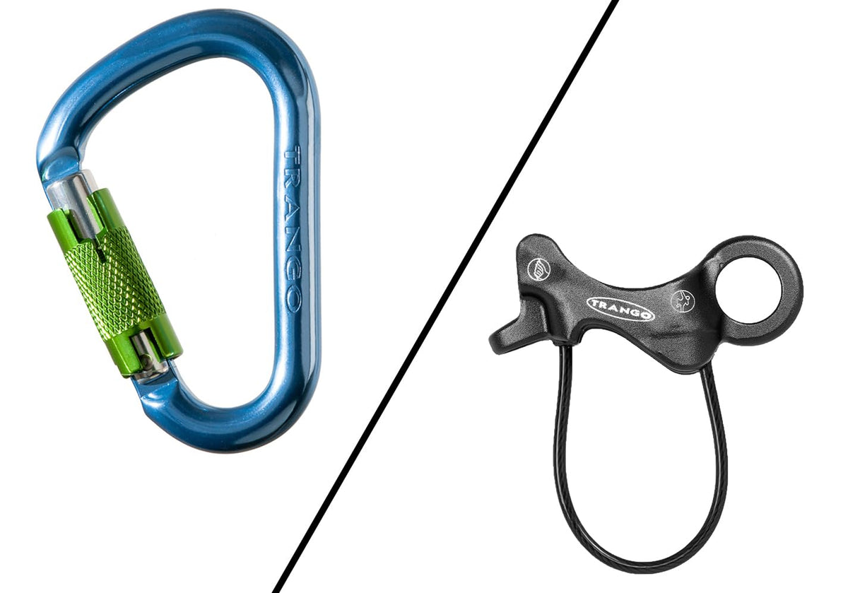 TRANGO Aries guide mode belay device ready for anchor belays on multi-pitch routes