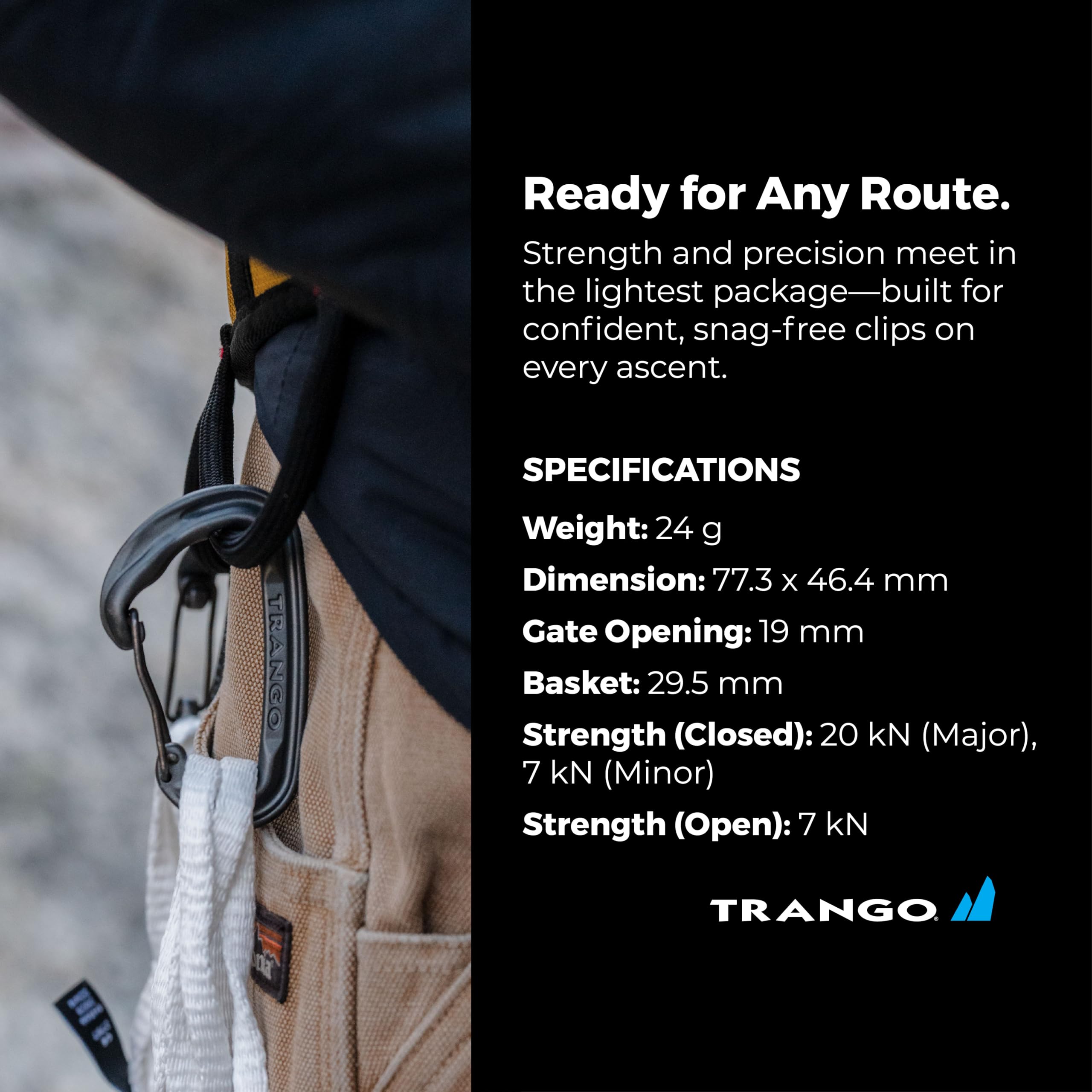TRANGO Quantum orange carabiner on rack-ready gear for alpine ascents