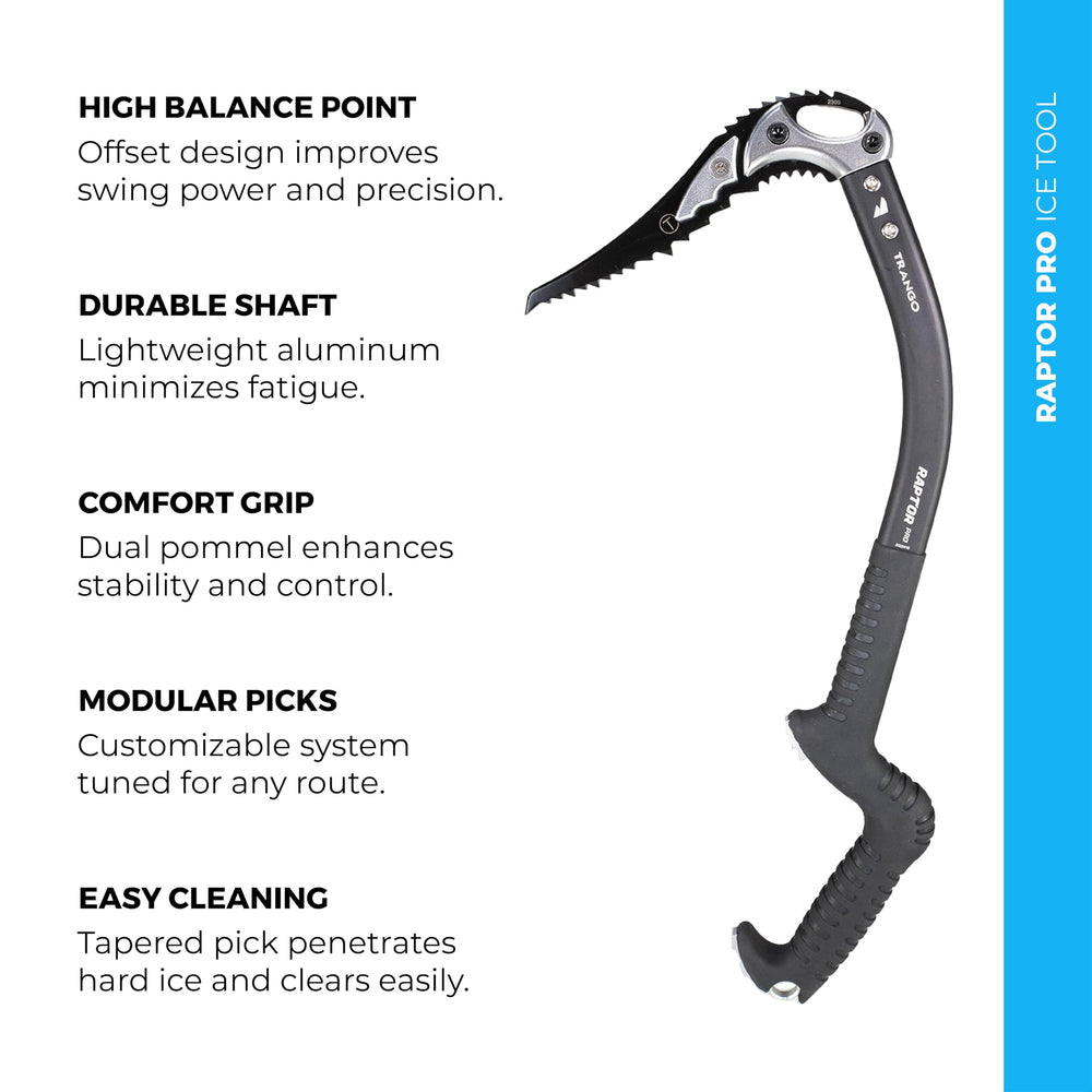 TRANGO Raptor Pro high balance point supports powerful, controlled swings on vertical ice