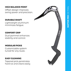 TRANGO Raptor Pro high balance point supports powerful, controlled swings on vertical ice